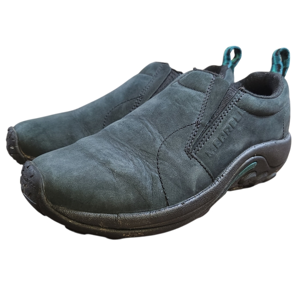 Merrell Shoes Womens 6.5 Teal Black Jungle Moc Suede Casual Slip On Outdoors